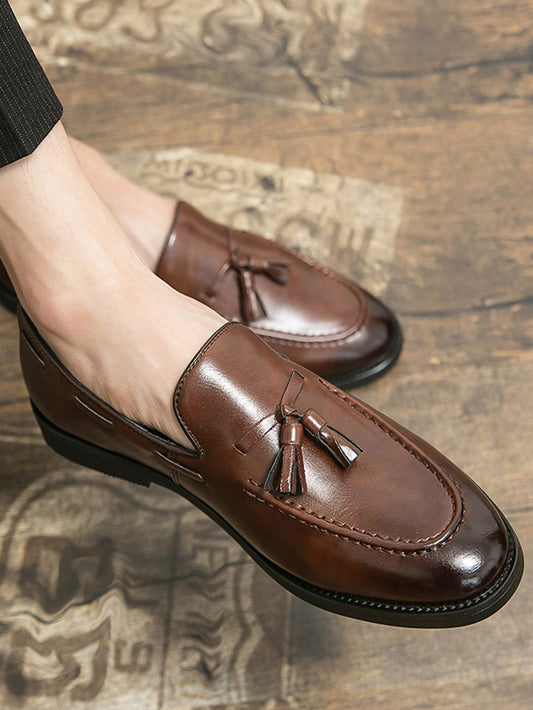 Men Tassel Decor Dress Shoes, Vintage Brown