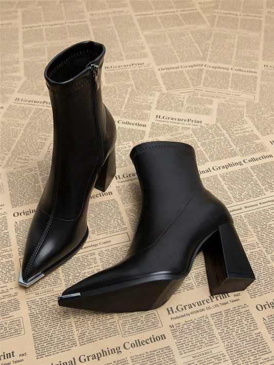 New Elegant Black High Heel Pointed Toe Ankle Boots For Women.