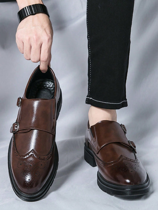 Men's Brown Slip-On Brogue Carved Pointed Leather Shoes