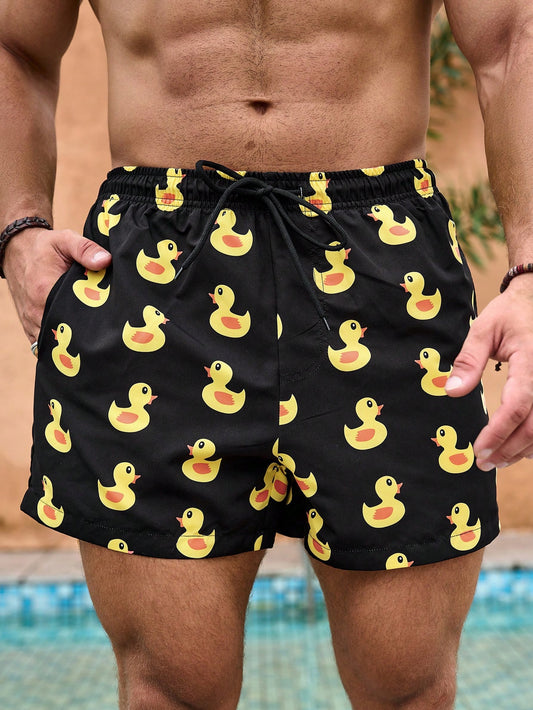 Manfinity Men Duck Print Drawstring Waist Swim Beach Shorts