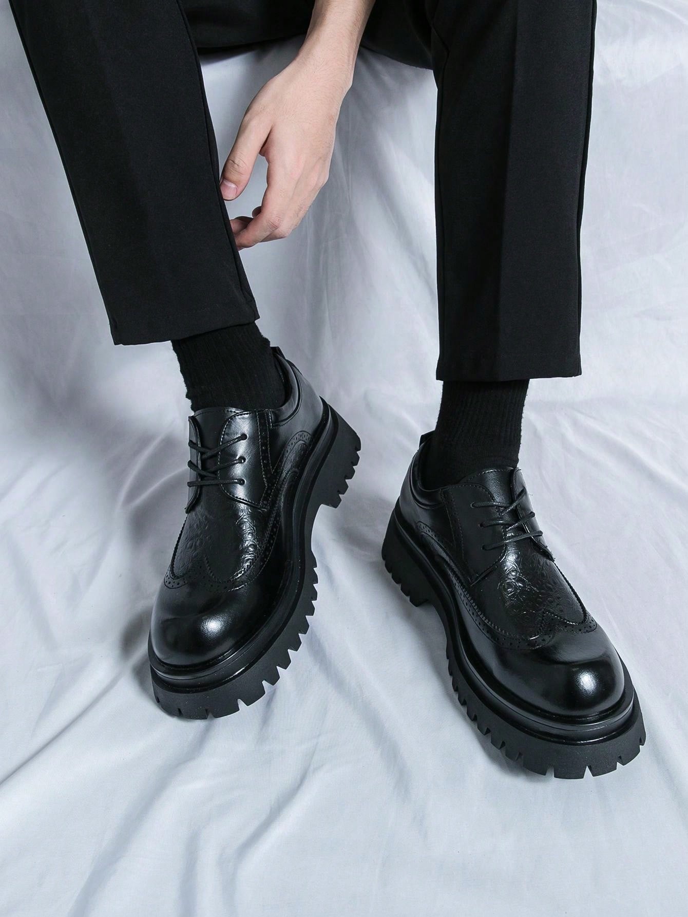 Black Thick Sole, Elevated Business Casual, Retro, Minimalist, Formal Party, Lace-Up Leather Shoes