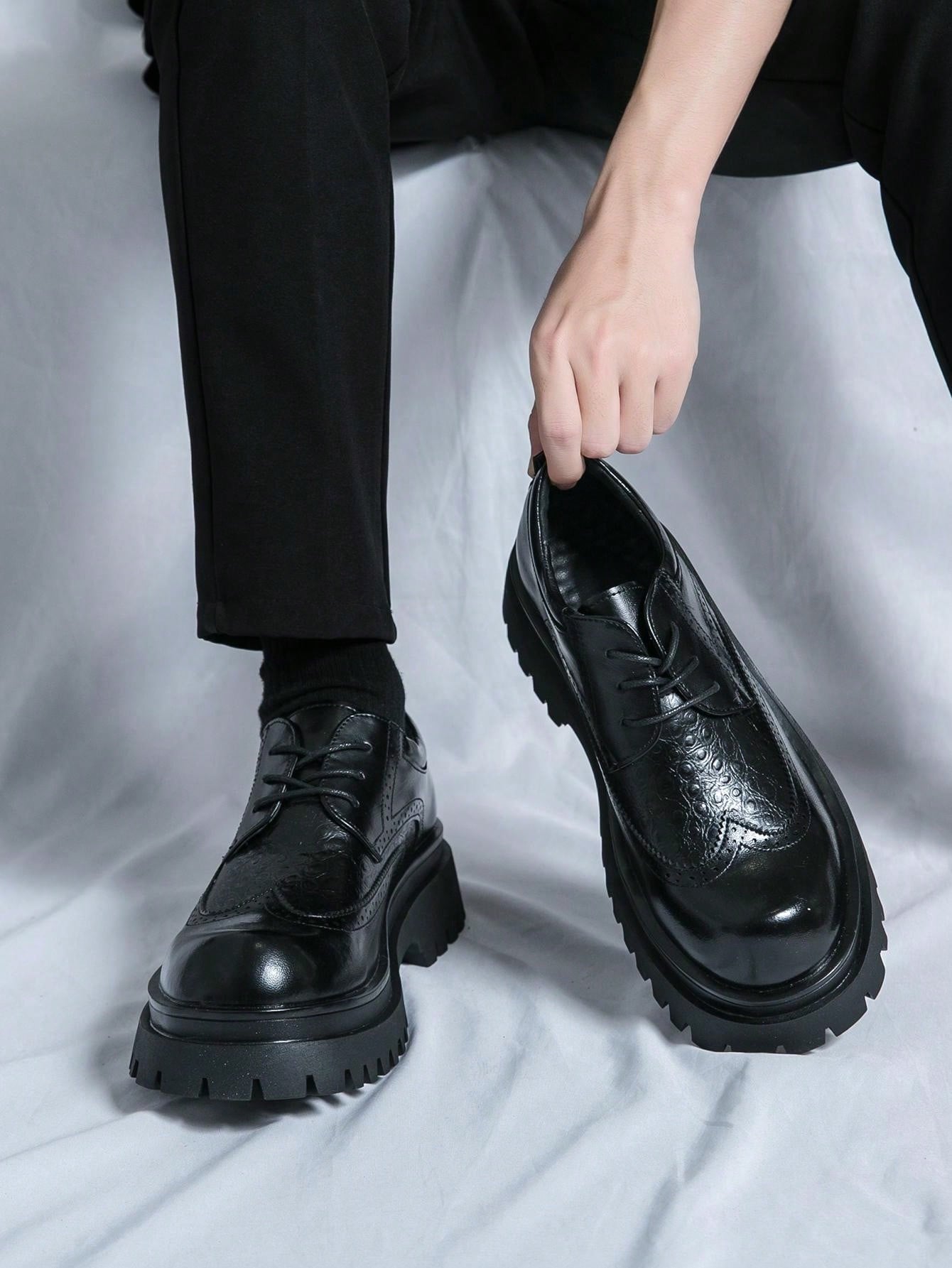 Black Thick Sole, Elevated Business Casual, Retro, Minimalist, Formal Party, Lace-Up Leather Shoes