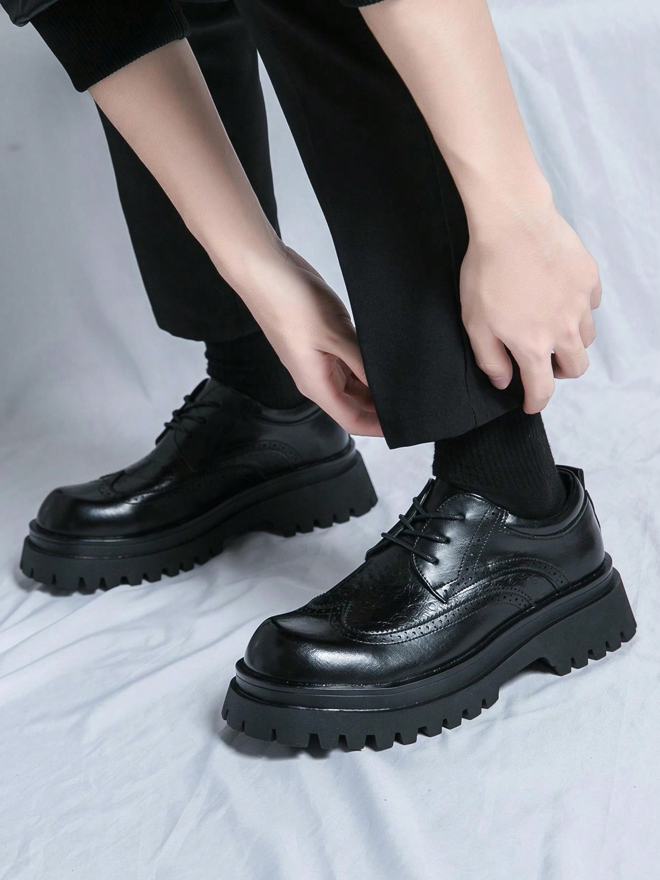 Black Thick Sole, Elevated Business Casual, Retro, Minimalist, Formal Party, Lace-Up Leather Shoes