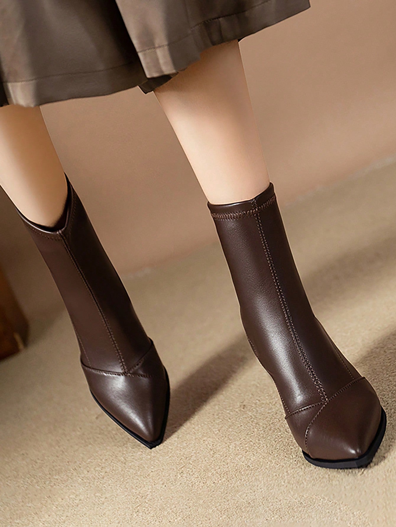 Black High Heel Shoes With Closed Toe, Back Zipper, Slim Heel, Stretch Sock Design.