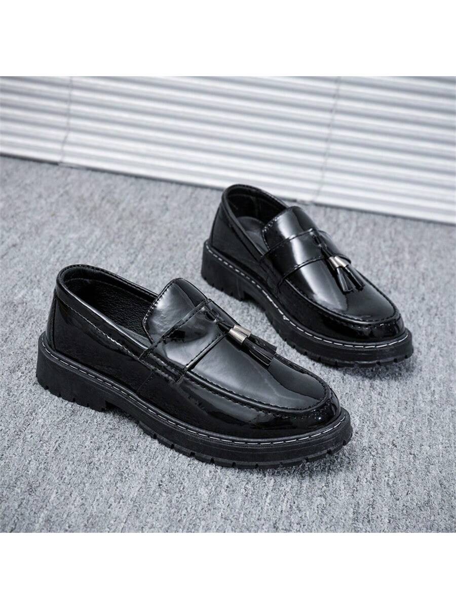 Black Glossy Casual Loafers For Men, Thick Sole Soft Bottom.