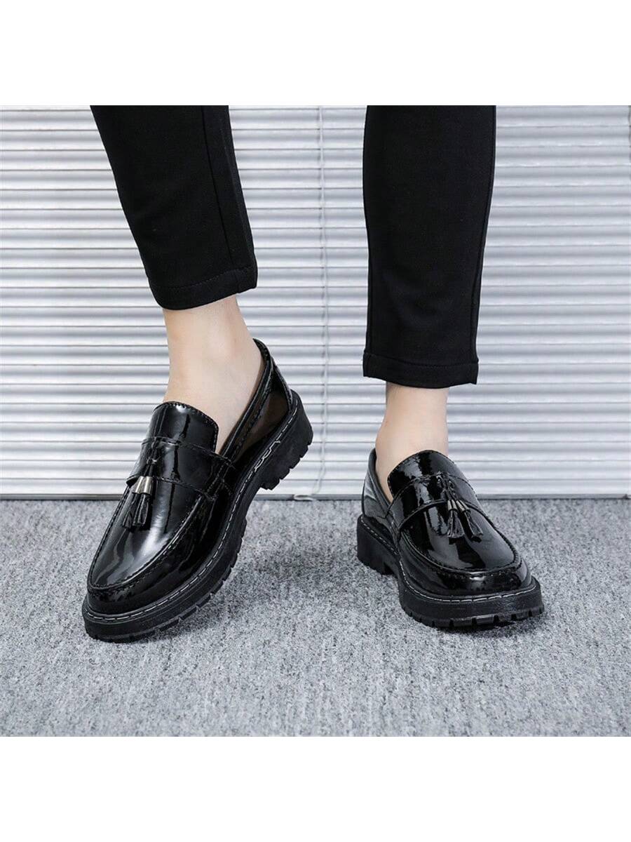 Black Glossy Casual Loafers For Men, Thick Sole Soft Bottom.