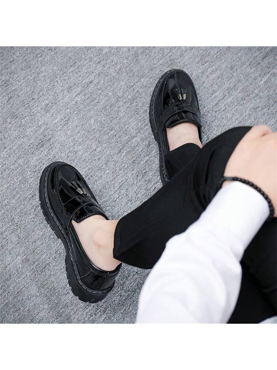 Black Glossy Casual Loafers For Men, Thick Sole Soft Bottom.