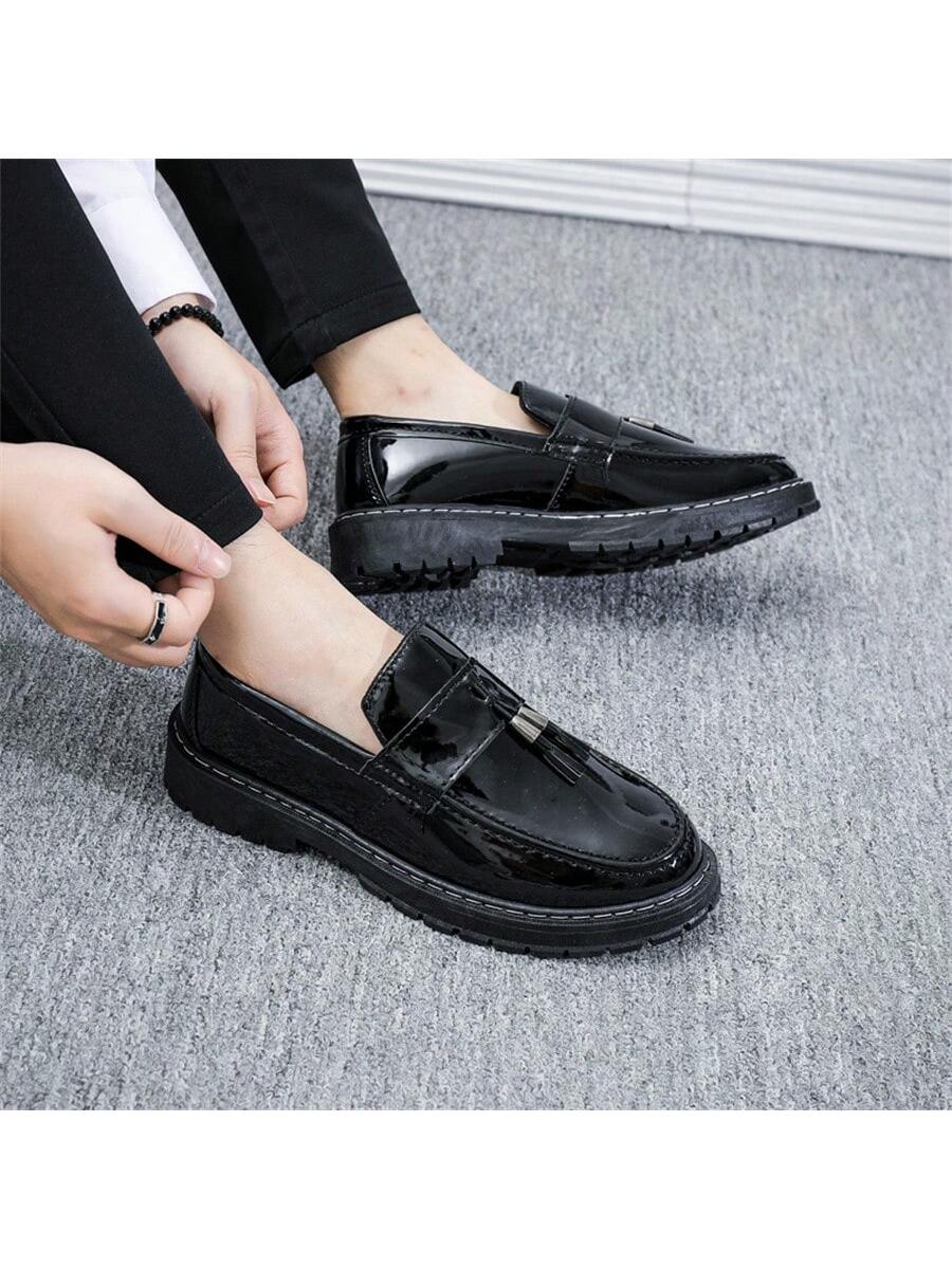 Black Glossy Casual Loafers For Men, Thick Sole Soft Bottom.