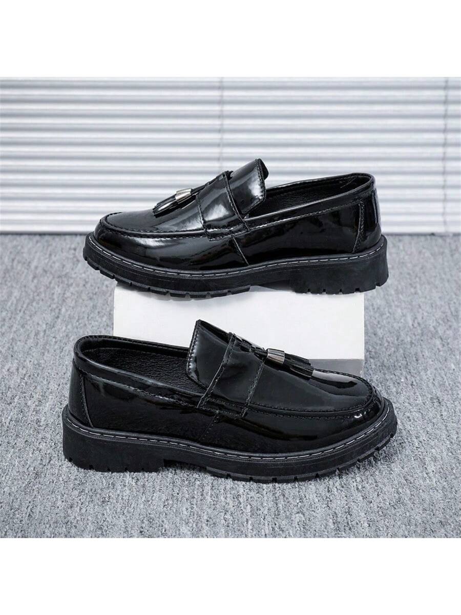 Black Glossy Casual Loafers For Men, Thick Sole Soft Bottom.