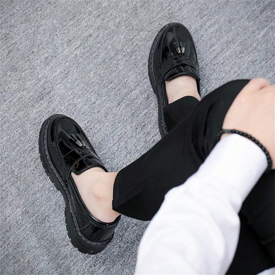 Black Glossy Casual Loafers For Men, Thick Sole Soft Bottom.