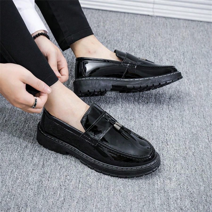 Black Glossy Casual Loafers For Men, Thick Sole Soft Bottom.