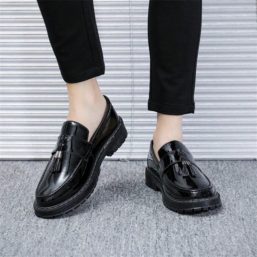 Black Glossy Casual Loafers For Men, Thick Sole Soft Bottom.