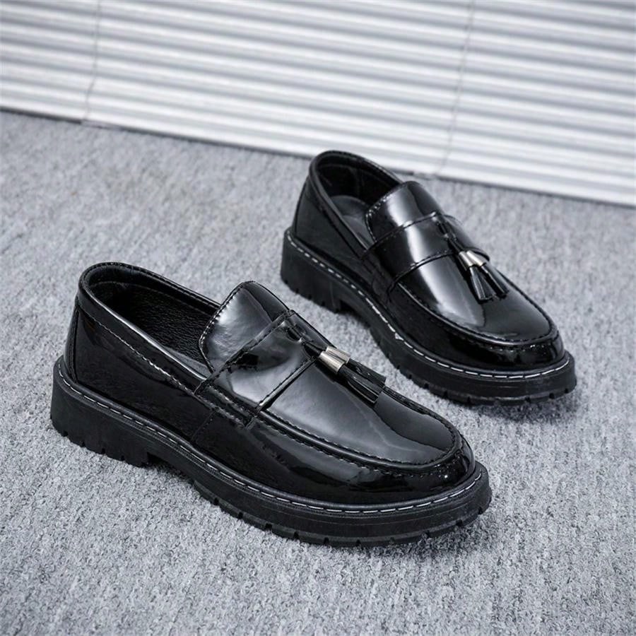 Black Glossy Casual Loafers For Men, Thick Sole Soft Bottom.