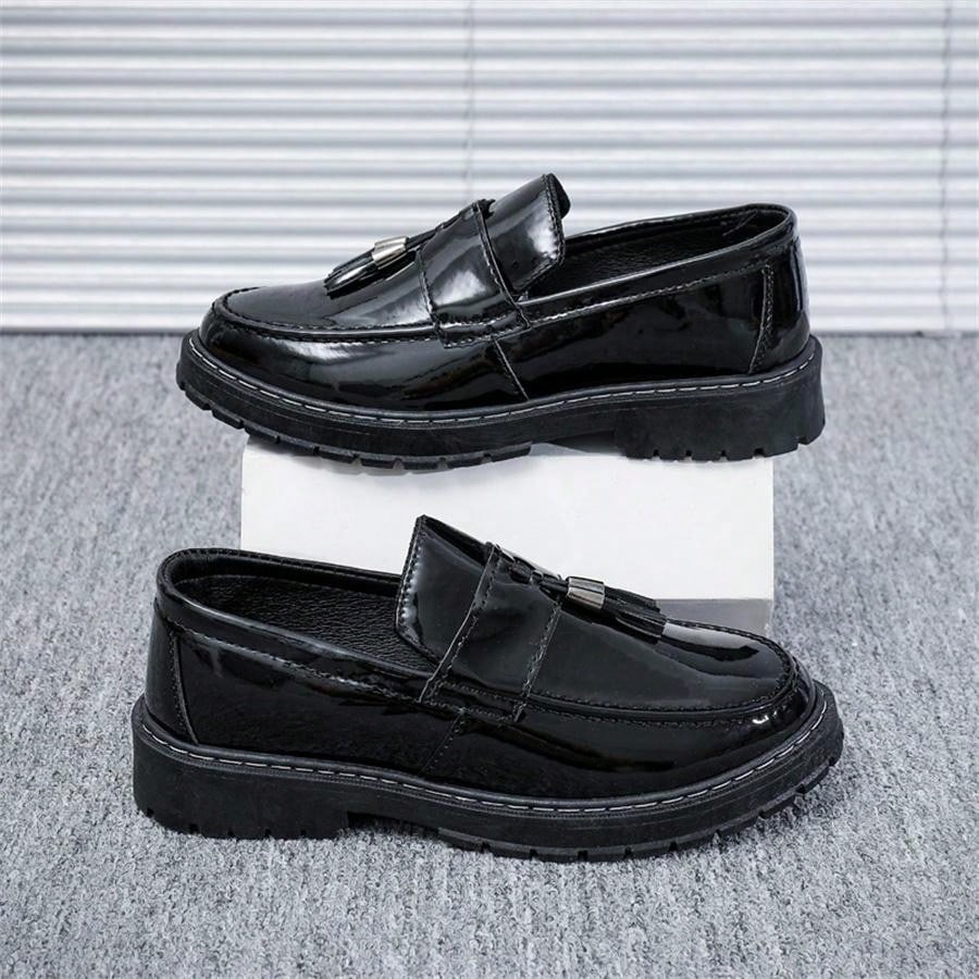 Black Glossy Casual Loafers For Men, Thick Sole Soft Bottom.